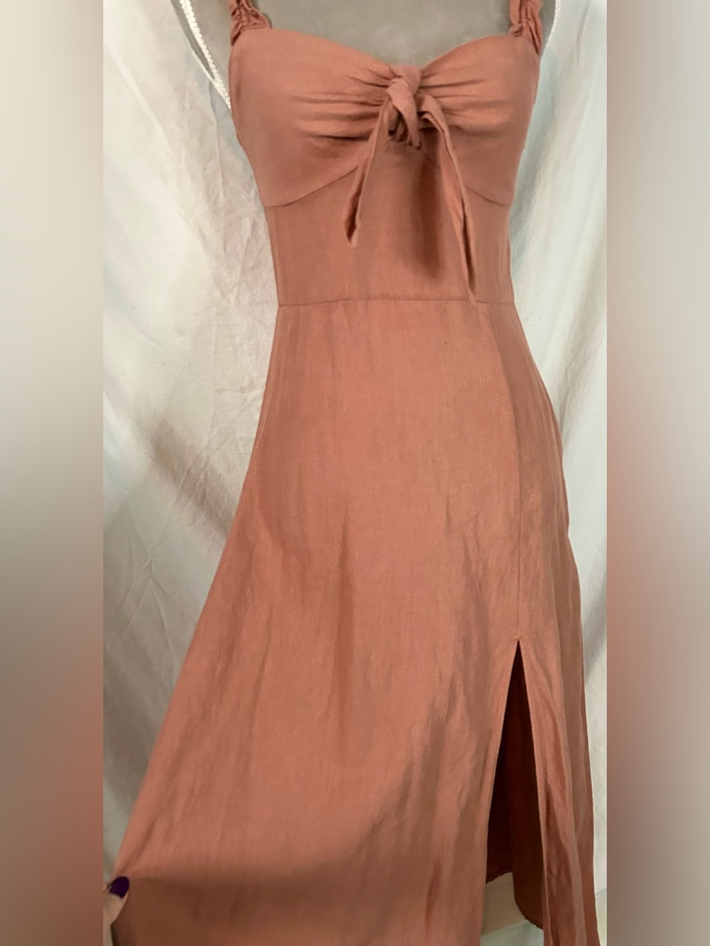 Zara Terracotta Ruffle Bow Linen/Cotton Blend Midi Dress, Size S - Picture 6 of 16
